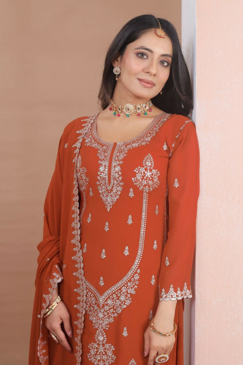 Dark Orange Georgette Embroidered Sharara Set