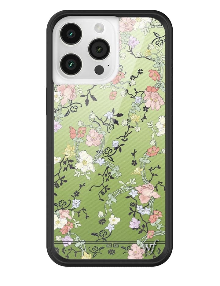 Back and angled view of a seaweed green iPhone case featuring a 70s Japanese-inspired floral print with a black protective bumper.