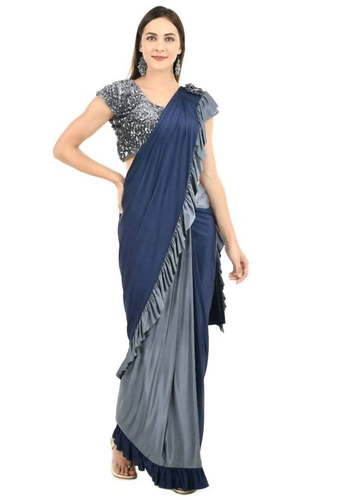 Gray and blue ruffled ready-to-wear lycra saree with elegant sequin embroidered blouse