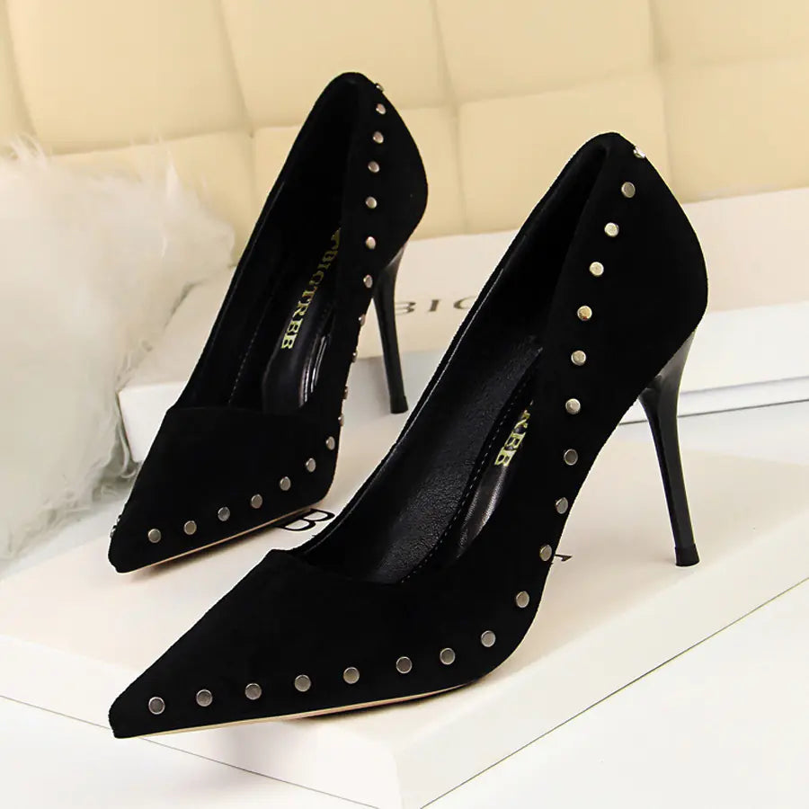 Women's Suede High Heels - Pointed Toe Studs