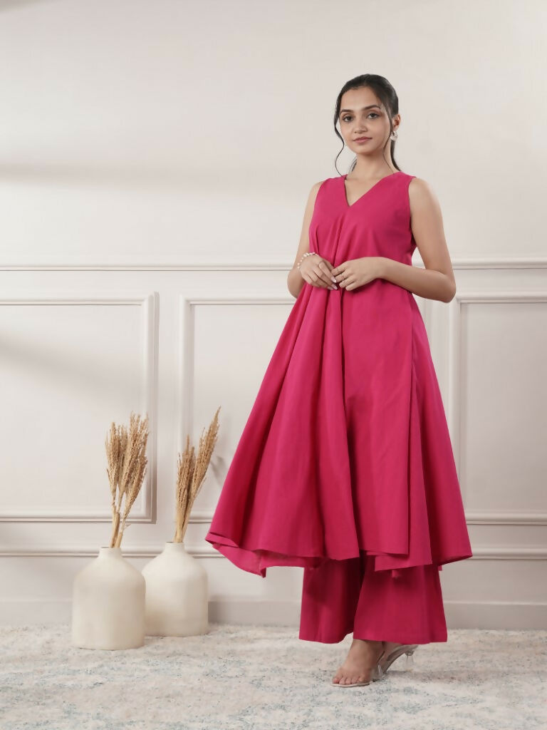 Fuchsia Cotton A-Line Midi Dress and Pants Set