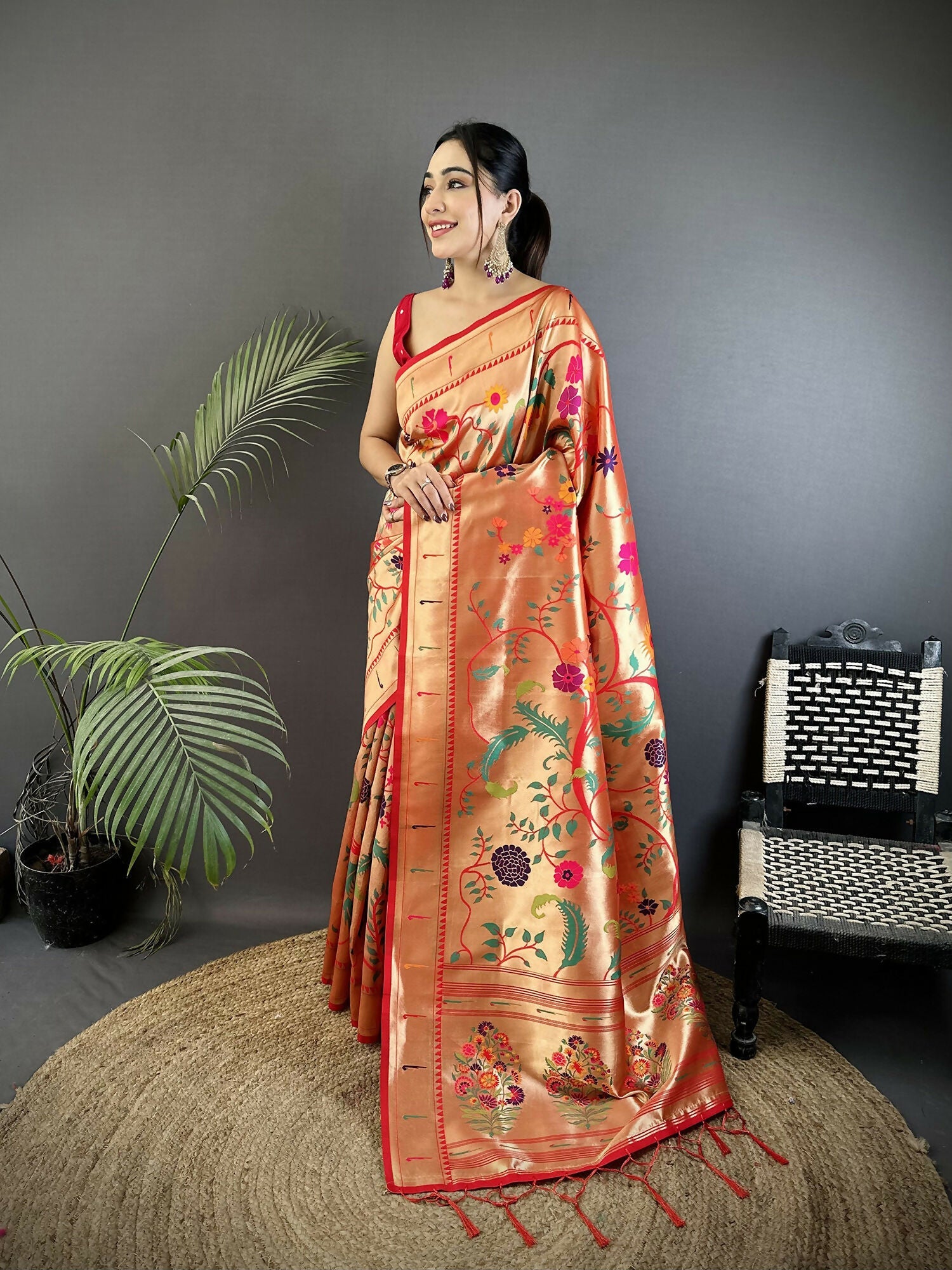 Pastel Red soft silk Paithani saree with traditional bird and floral motifs
