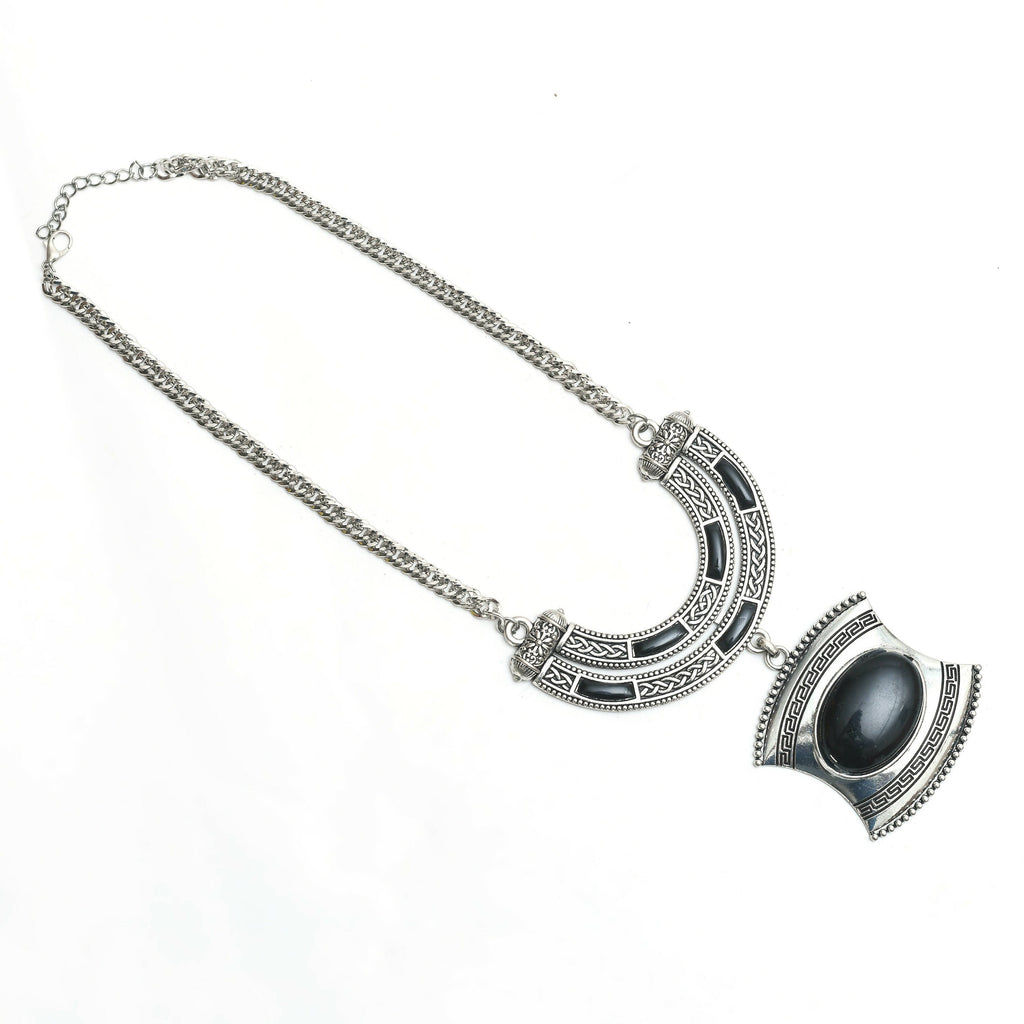 Oxidised Silver-Plated Stone Work Long Necklace for Women