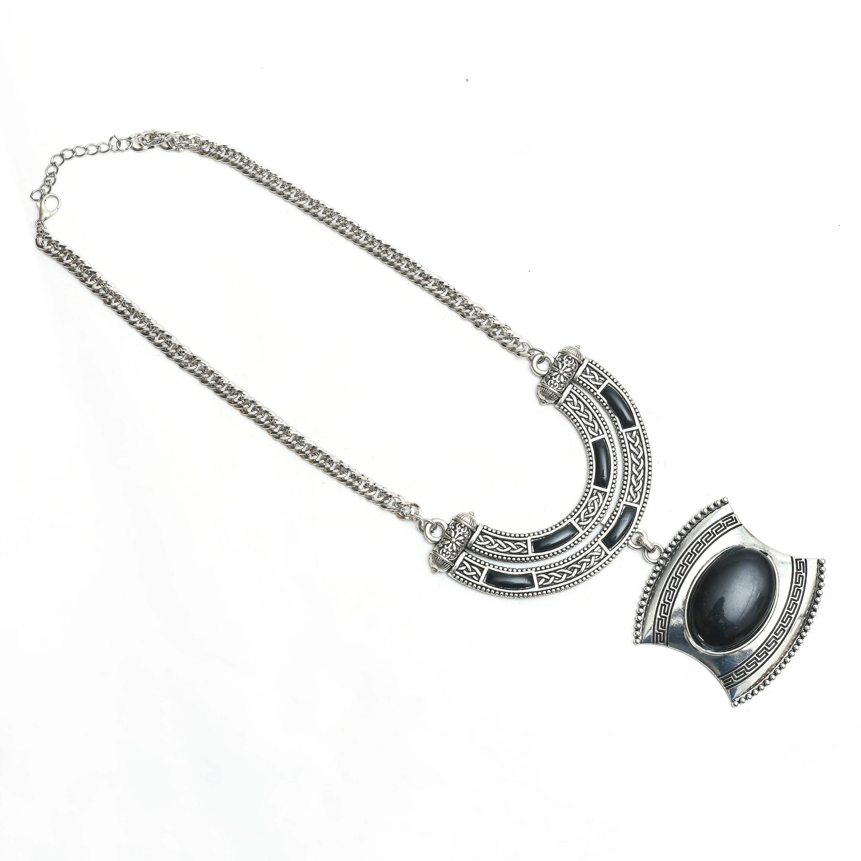 Oxidised Silver-Plated Stone Work Long Necklace for Women
