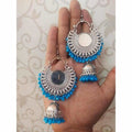 Blue pearl Chandbali design earrings featuring mirror work and hanging jhumkas