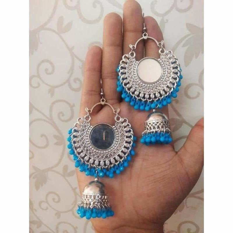 Blue pearl Chandbali design earrings featuring mirror work and hanging jhumkas