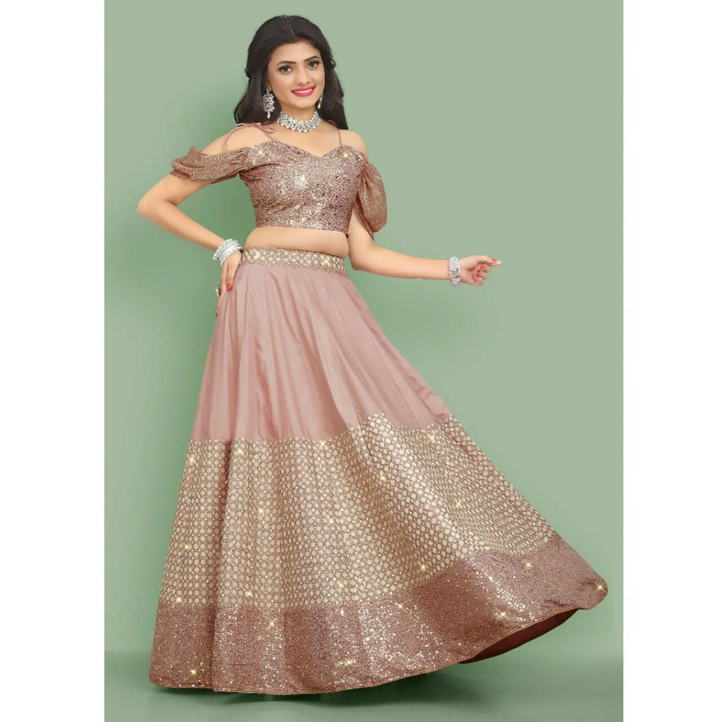 Dusty Rose Pink Muslin Silk Dori and Sequins Embroidered Lehenga