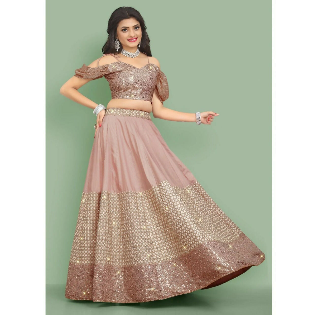 Dusty Rose Pink Muslin Silk Dori and Sequins Embroidered Lehenga