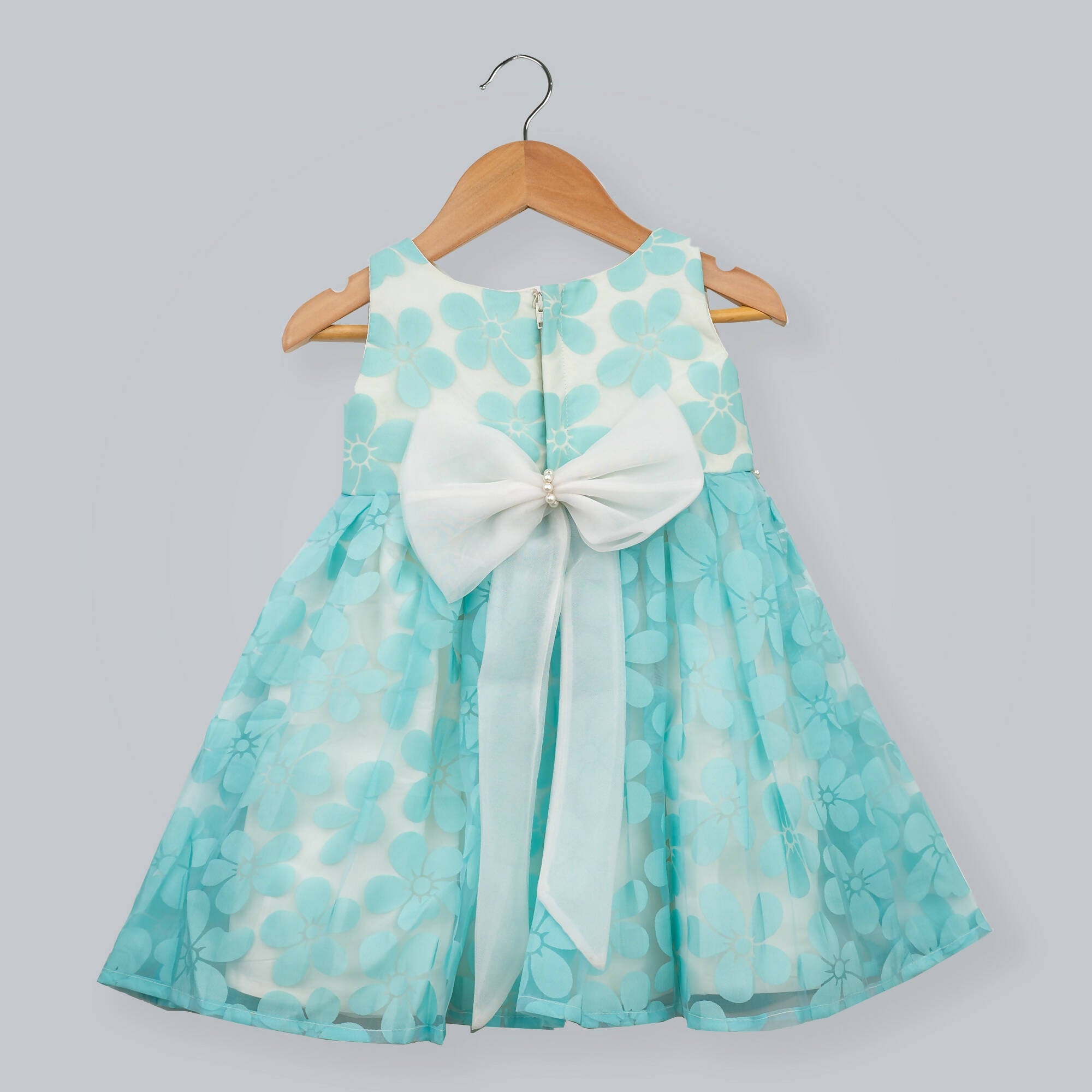 White & Blue Floral Organza Dress with Pearls and Bow
