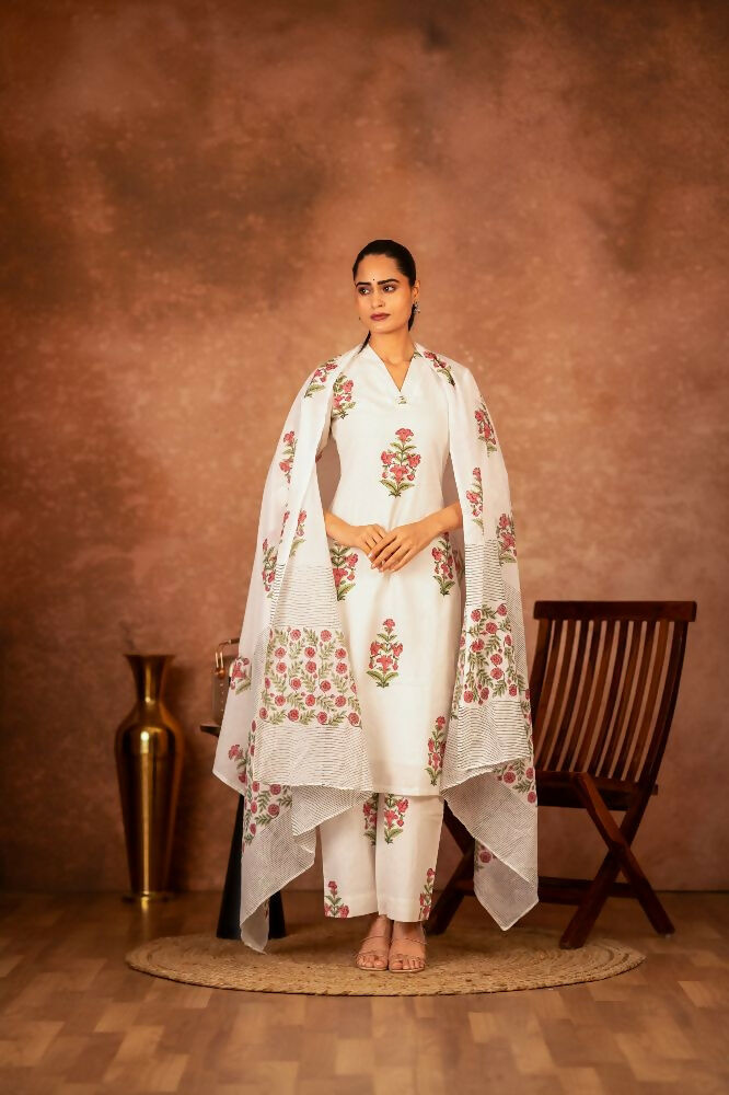 Off White and Pink Hand Block Printed Cotton Suit Set