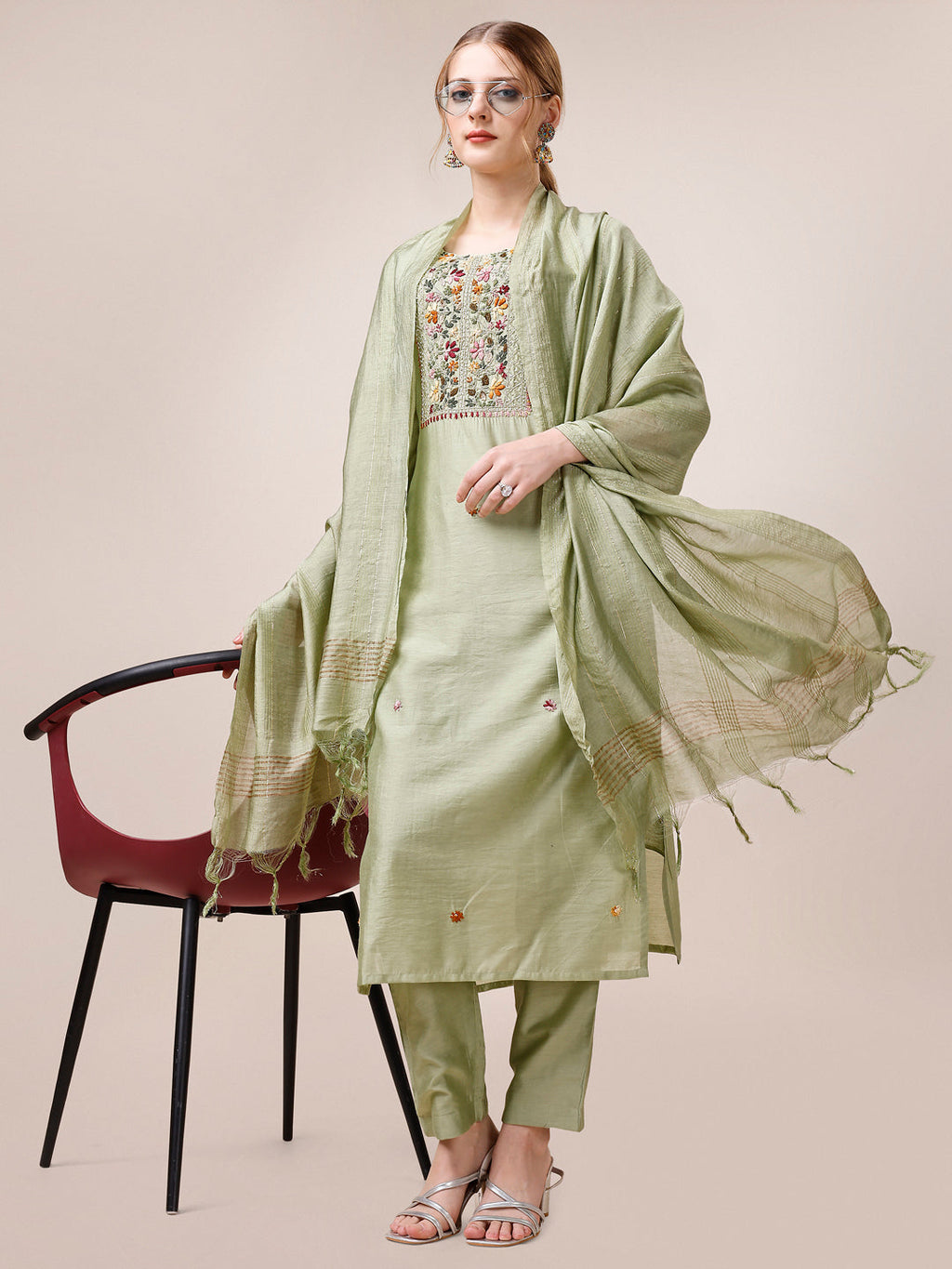 Multicolor Embroidered Rayon Kurta, Pant, and Dupatta Set