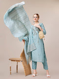 Hand embroidered multicolor rayon kurta set paired with matching trousers and dupatta
