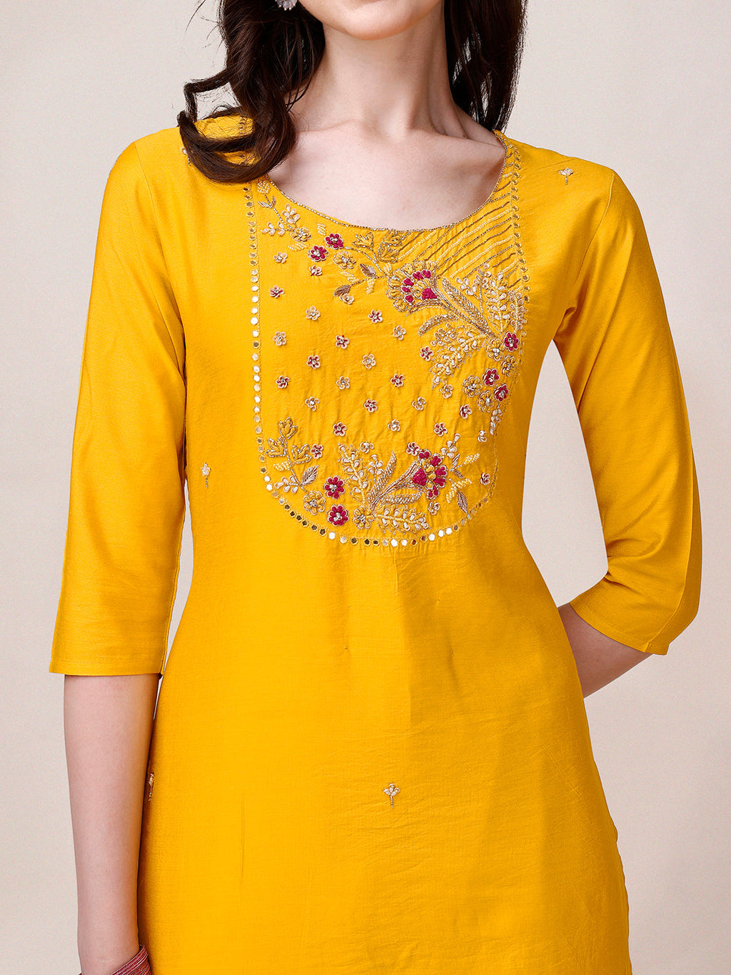 Yellow Hand Embroidered Rayon Kurta Set with Pant and Dupatta