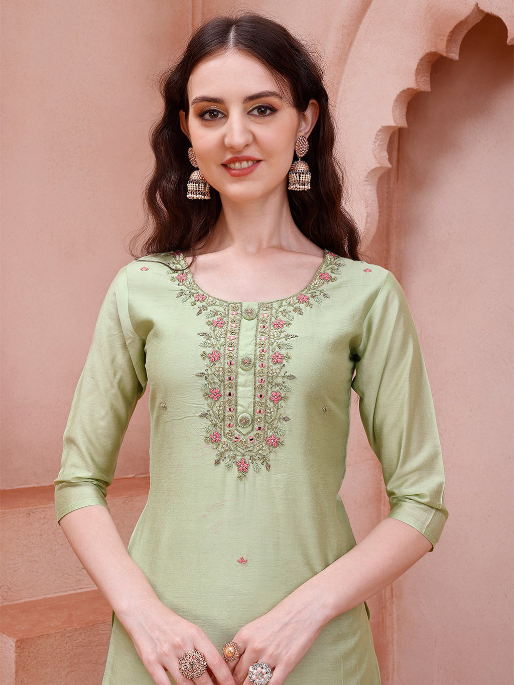 Thread Embroidered Multicolor Kurta with Pant & Dupatta Set