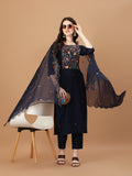 Multicolor embroidered kurta with matching pants and embroidered dupatta.