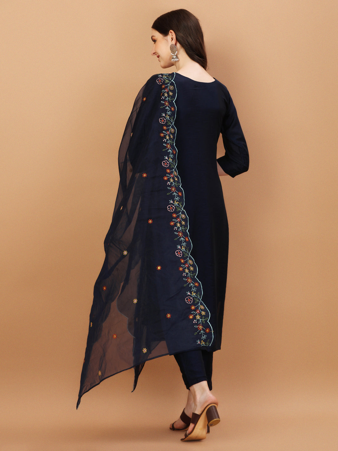 Embroidered Rayon Kurta Set with Matching Dupatta - Multicolor