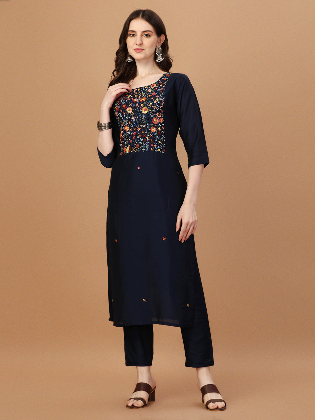 Embroidered Rayon Kurta Set with Matching Dupatta - Multicolor