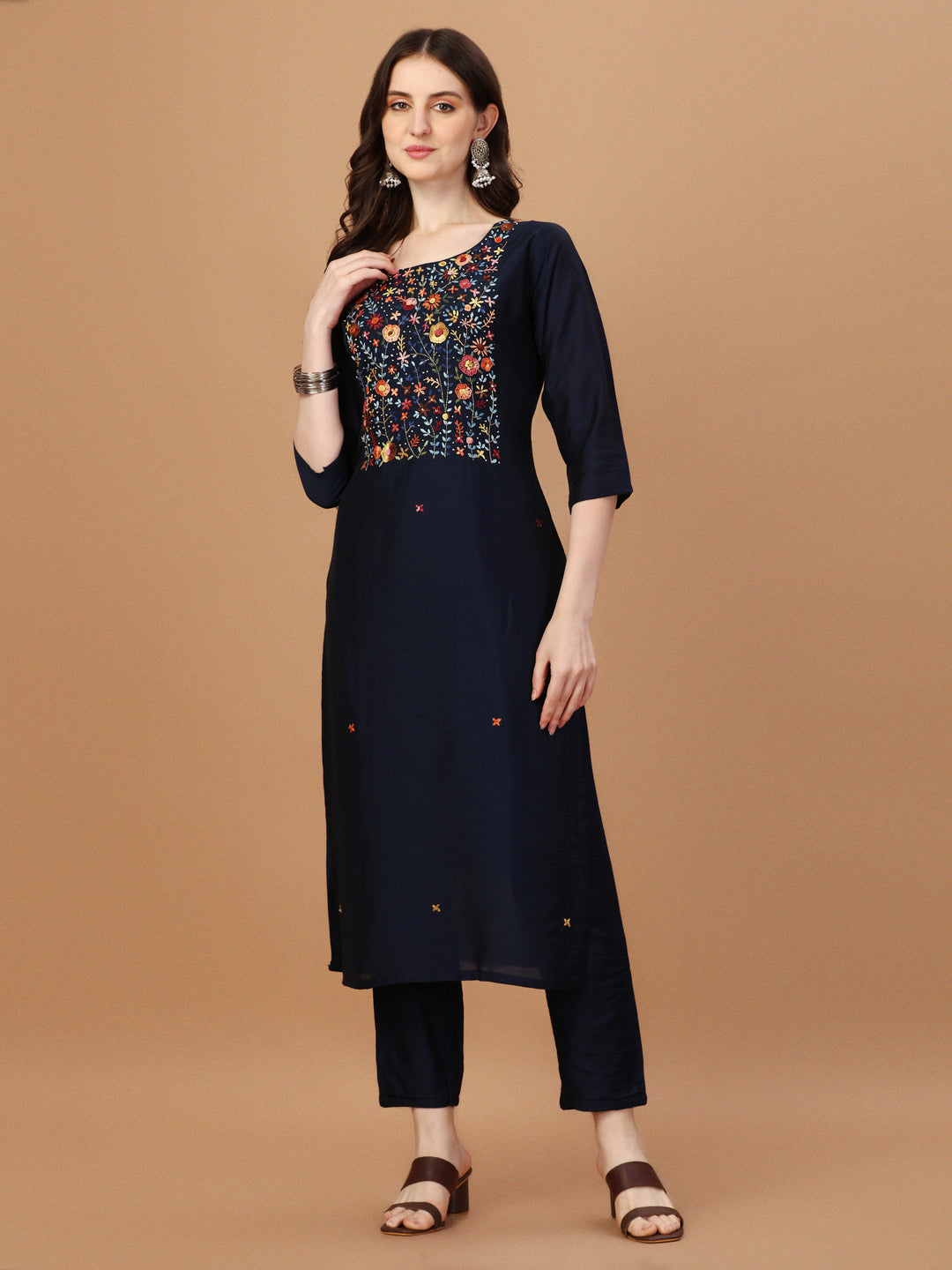 Embroidered Rayon Kurta Set with Matching Dupatta - Multicolor