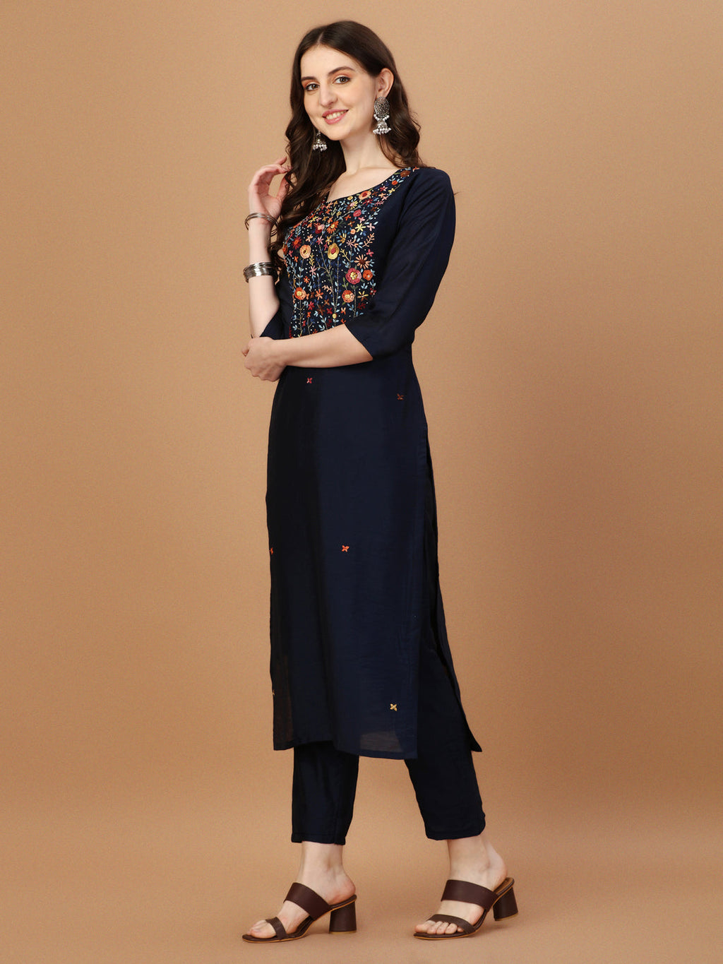 Embroidered Rayon Kurta Set with Matching Dupatta - Multicolor