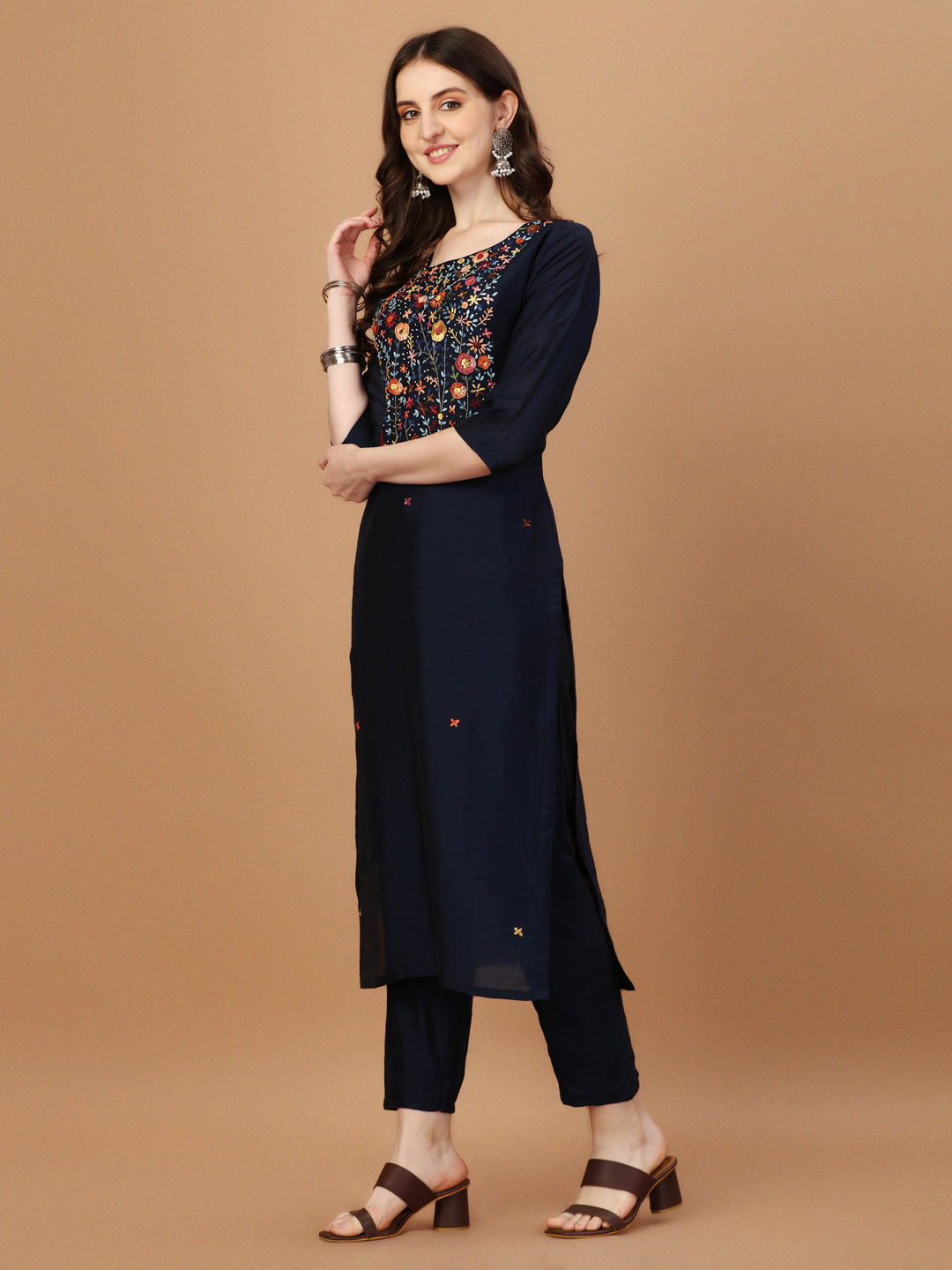 Embroidered Rayon Kurta Set with Matching Dupatta - Multicolor