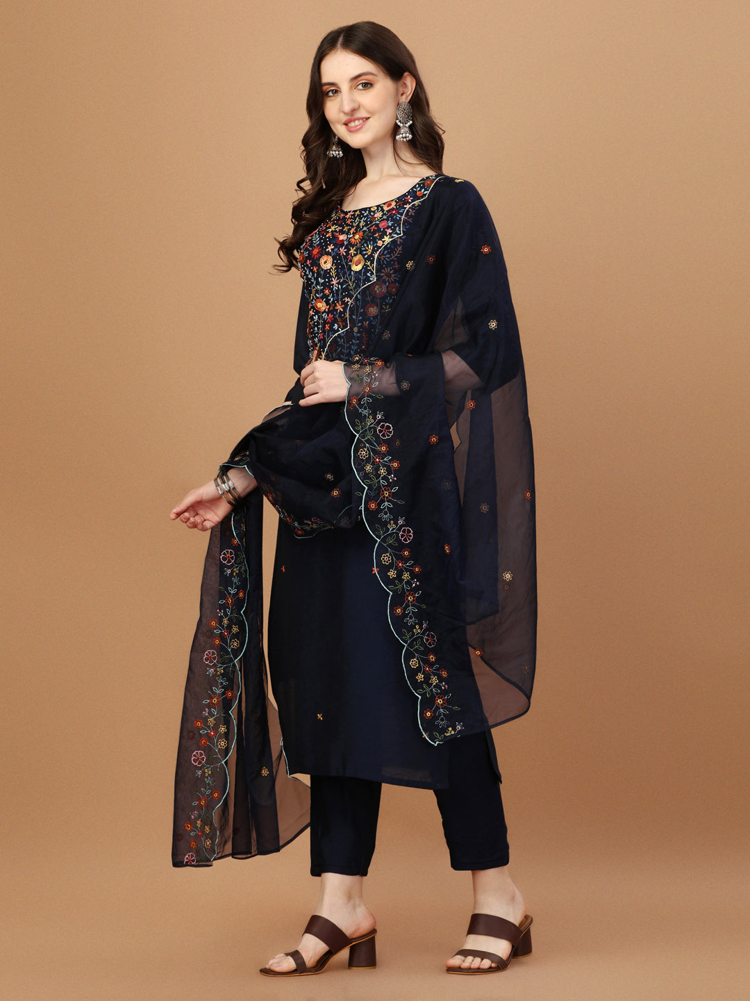 Embroidered Rayon Kurta Set with Matching Dupatta - Multicolor