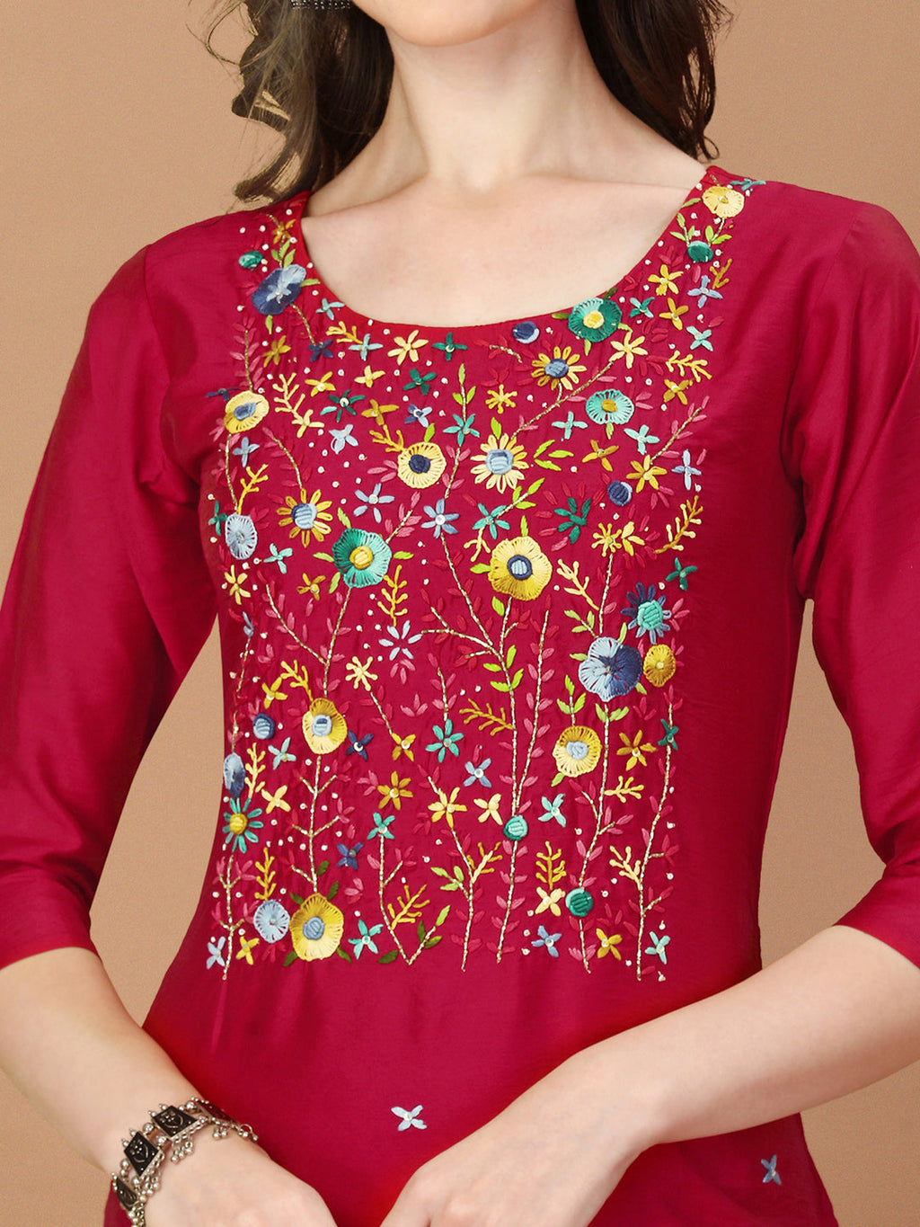 Multicolor Embroidered Kurta Set with Pant and Dupatta
