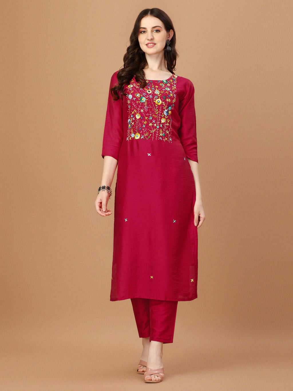 Multicolor Embroidered Kurta Set with Pant and Dupatta