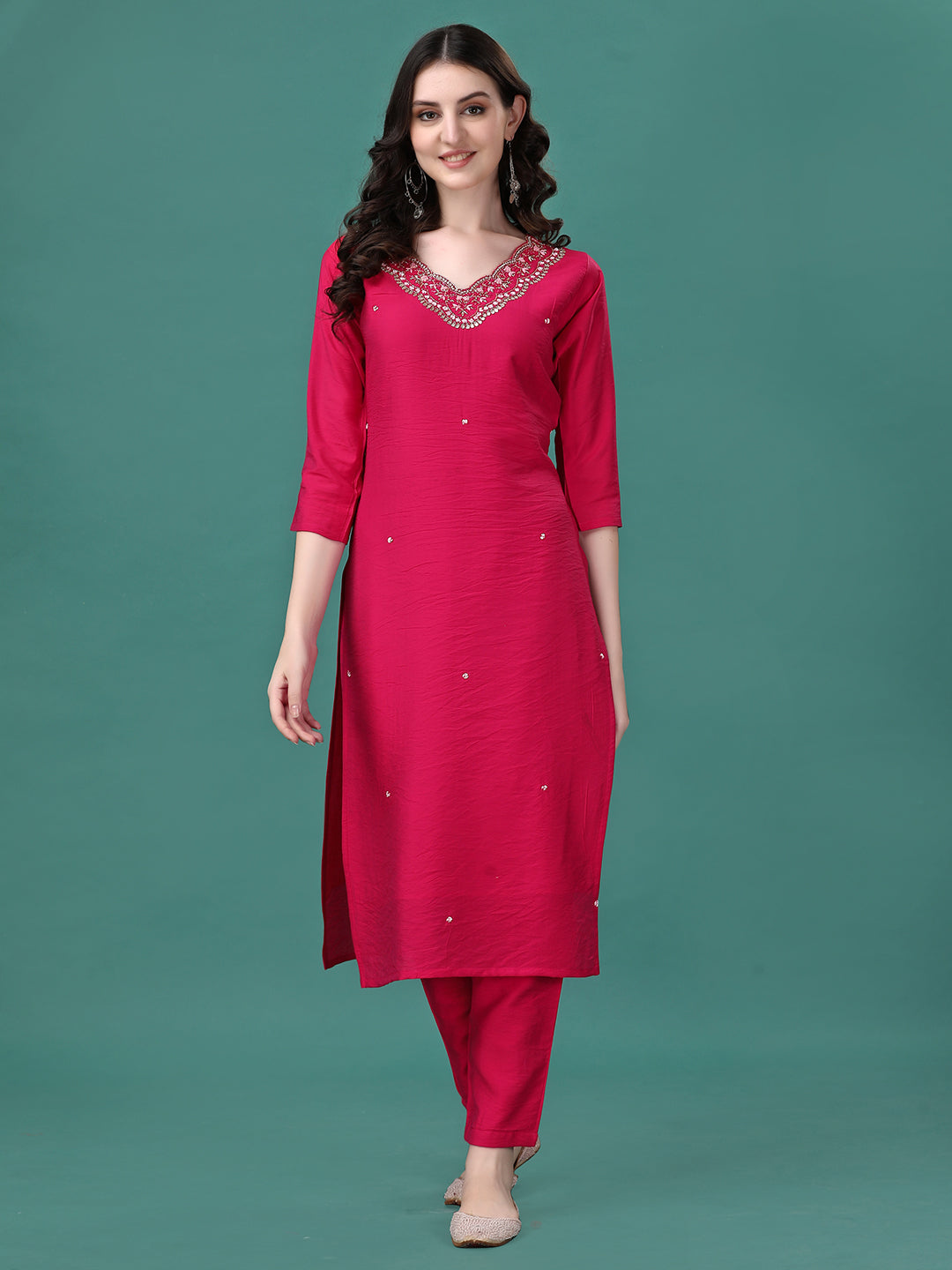 Multicolor Hand Embroidered Rayon Kurta with Pant and Dupatta Set