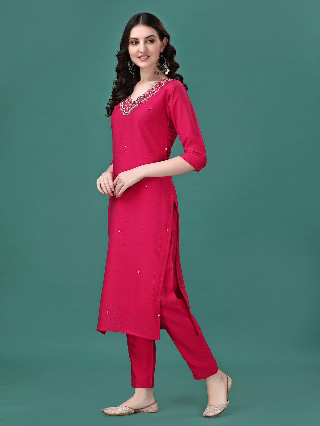 Multicolor Hand Embroidered Rayon Kurta with Pant and Dupatta Set