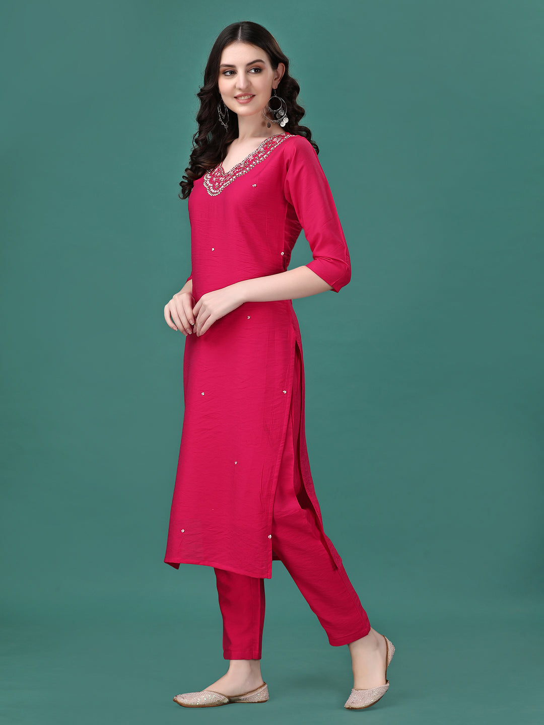 Multicolor Hand Embroidered Rayon Kurta with Pant and Dupatta Set