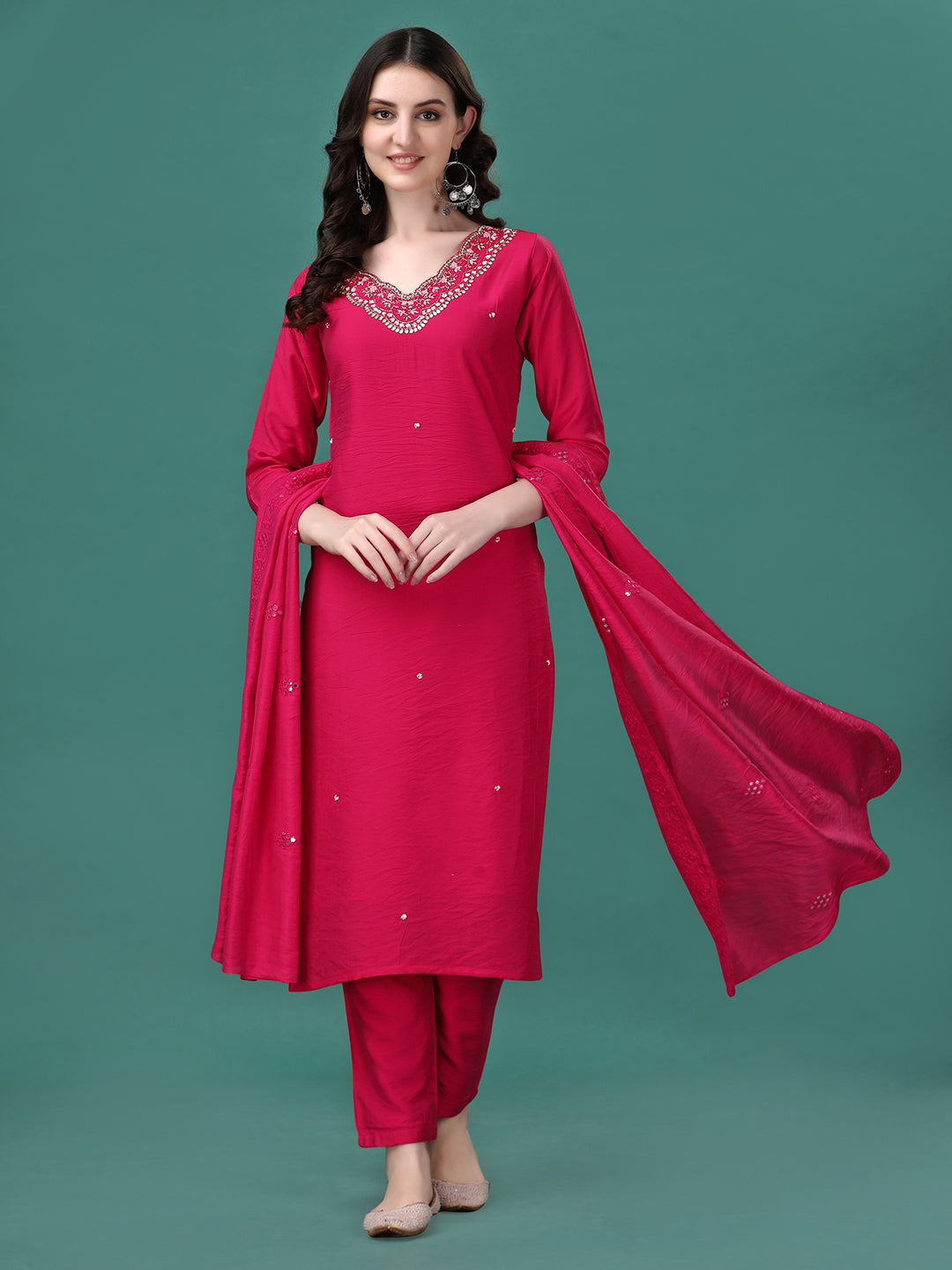 Multicolor rayon hand embroidered kurta set featuring a V-neck, 3/4th sleeves, matching pants, and a dupatta.