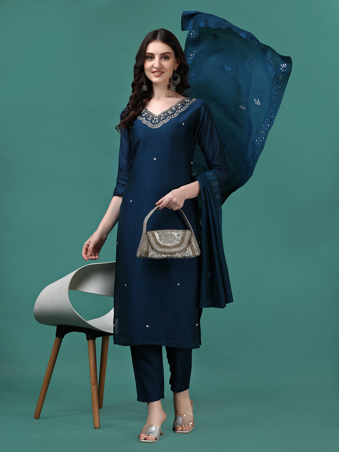 Multicolor ethnic kurta set with hand embroidery, matching pants, and a coordinated dupatta