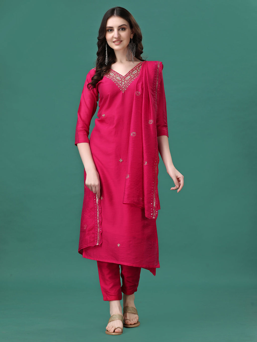 Multicolor rayon kurta set featuring intricate hand embroidery on kurta and matching dupatta.