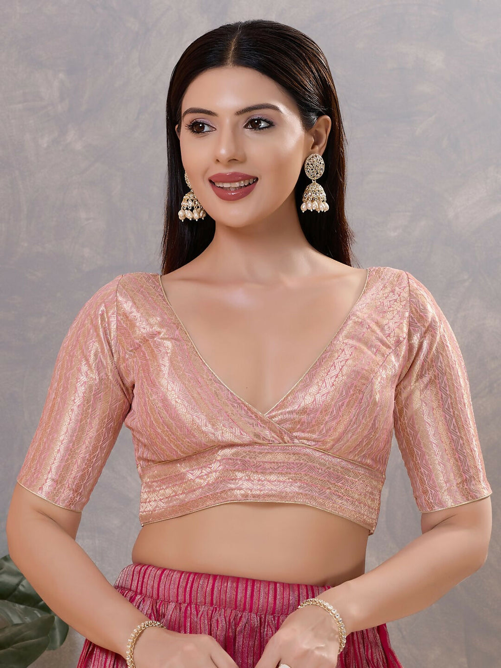 Light-pink jacquard textured stitched blouse for sarees