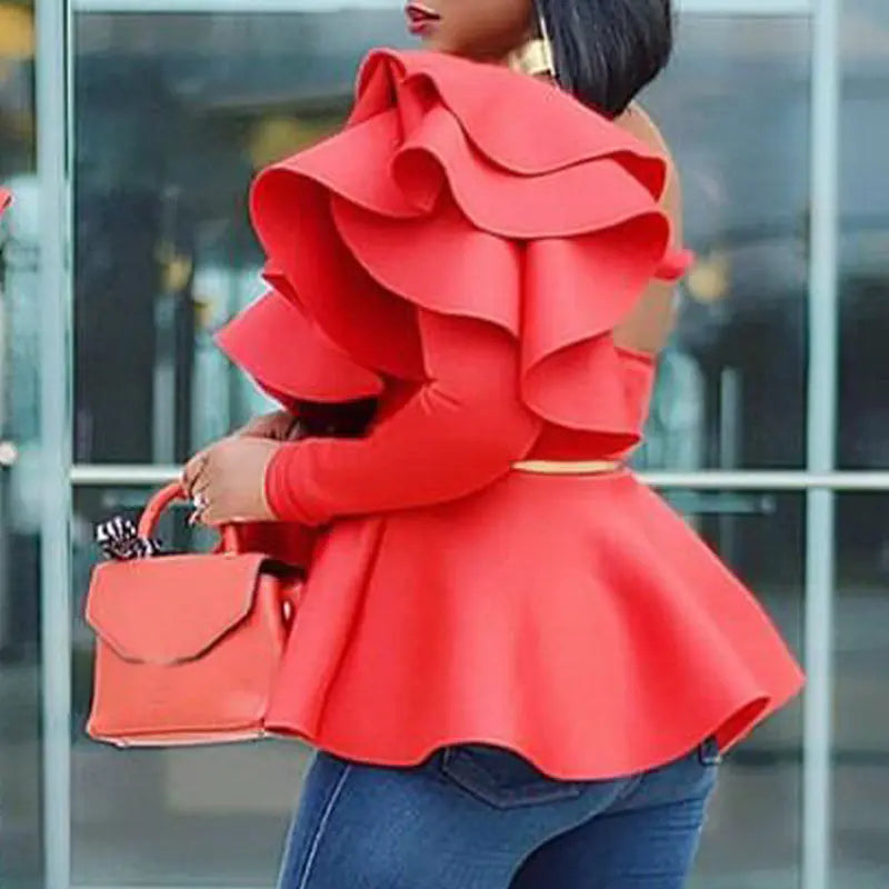 Women's Ruffled Long-Sleeve Blouse with Open Back