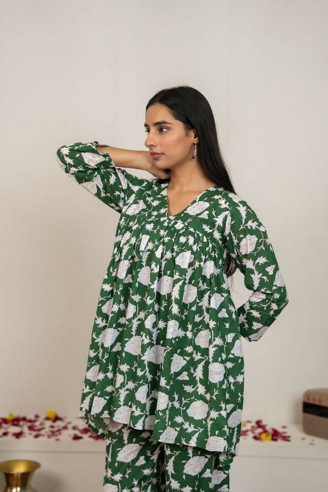 Green Hand Block Printed Cotton Co-Ord Set for Women
