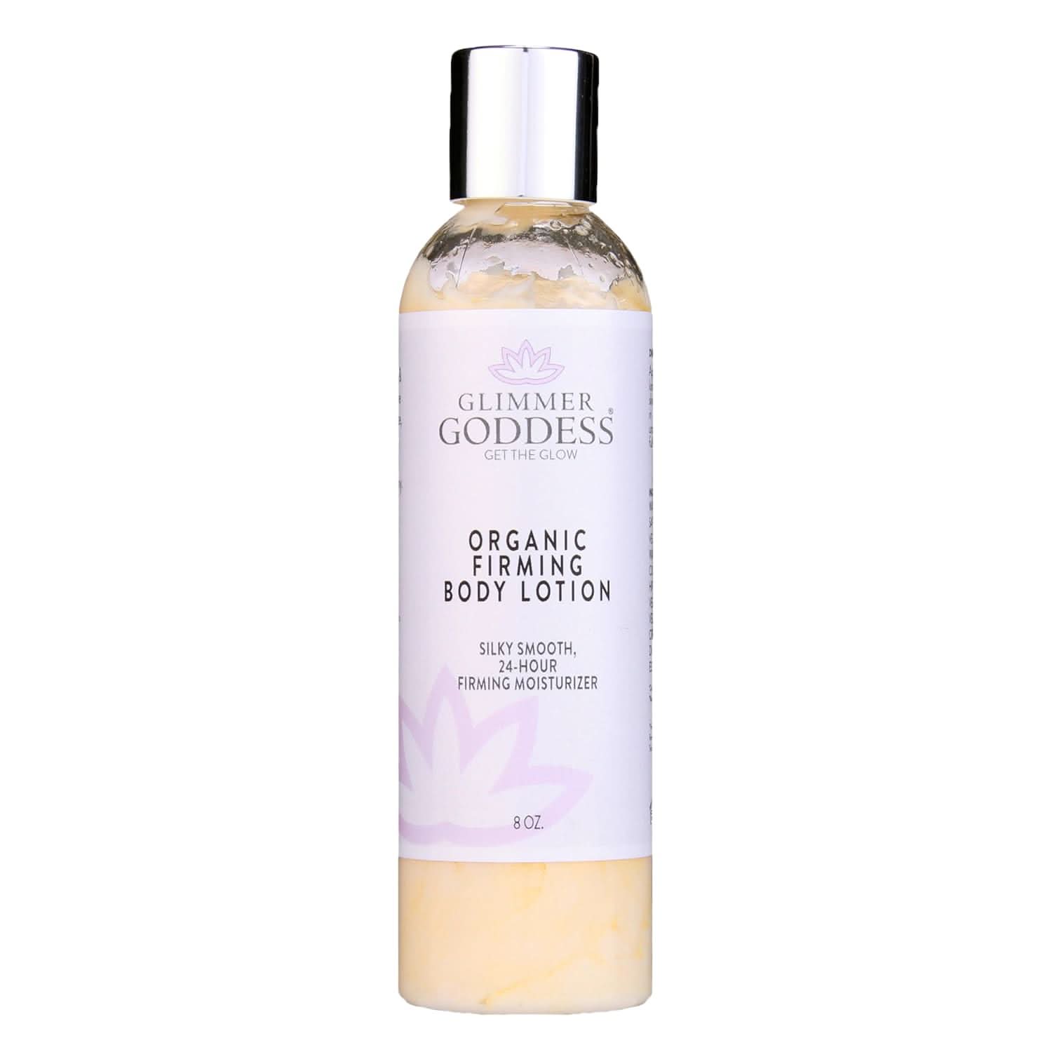 Glimmer Goddess Organic Firming Body Lotion in a white, yellow, and purple bottle.