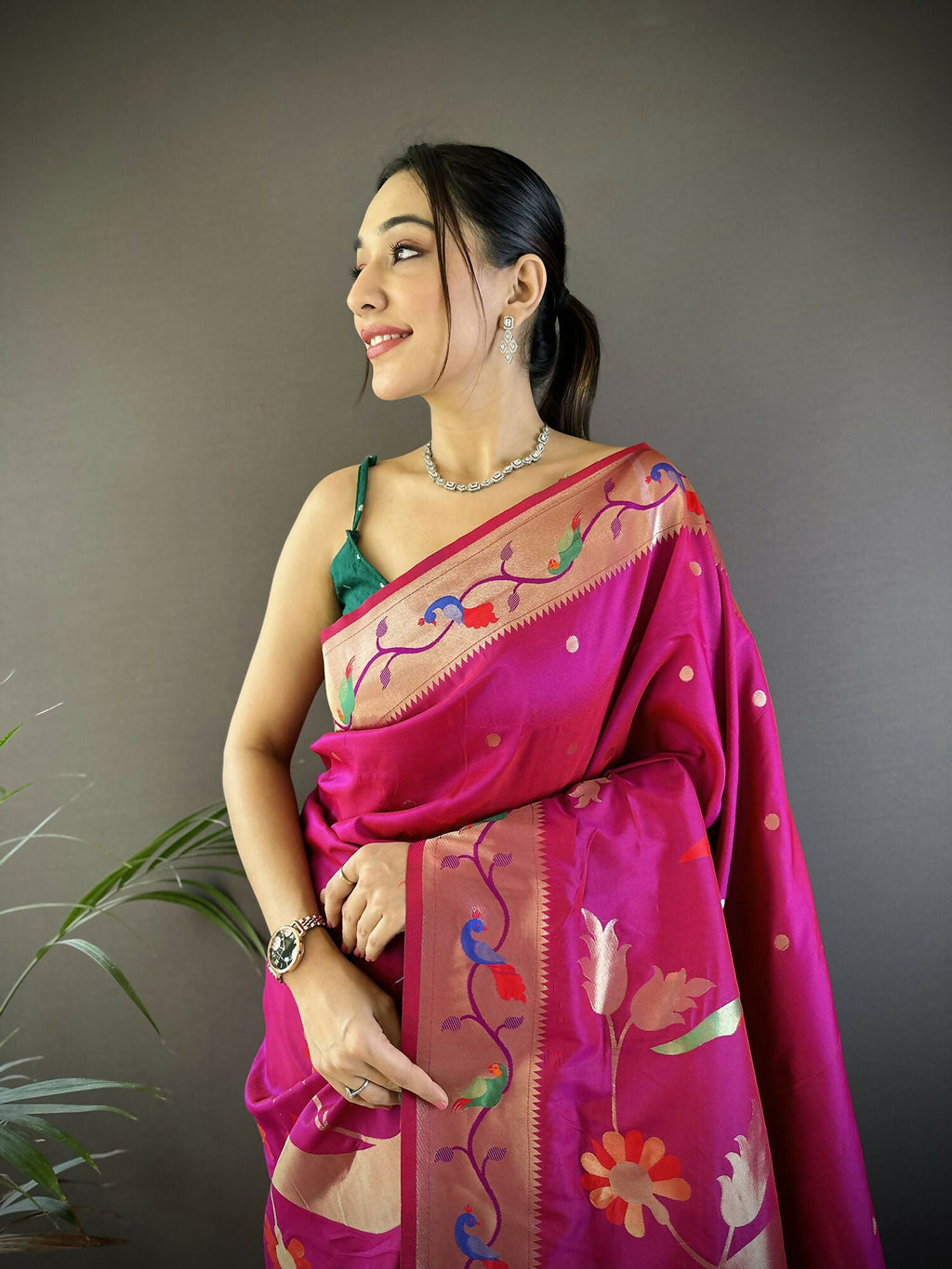 Dark Pink Zari Woven Floral Motifs Soft Silk Paithani Saree