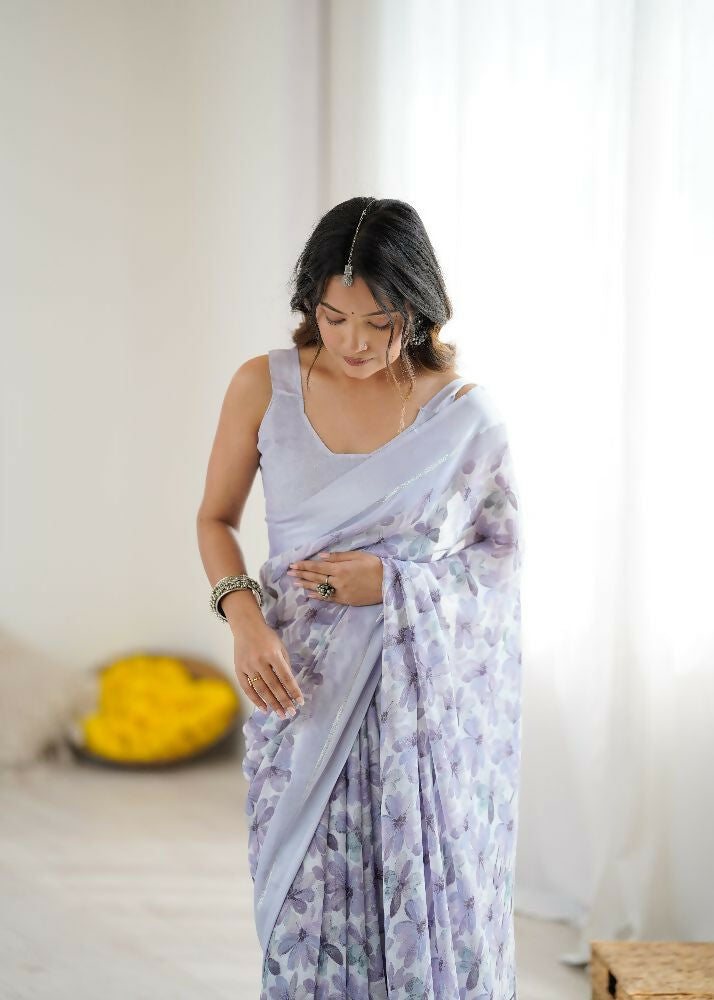 Light Purple Floral Print Satin Saree with Matching Blouse