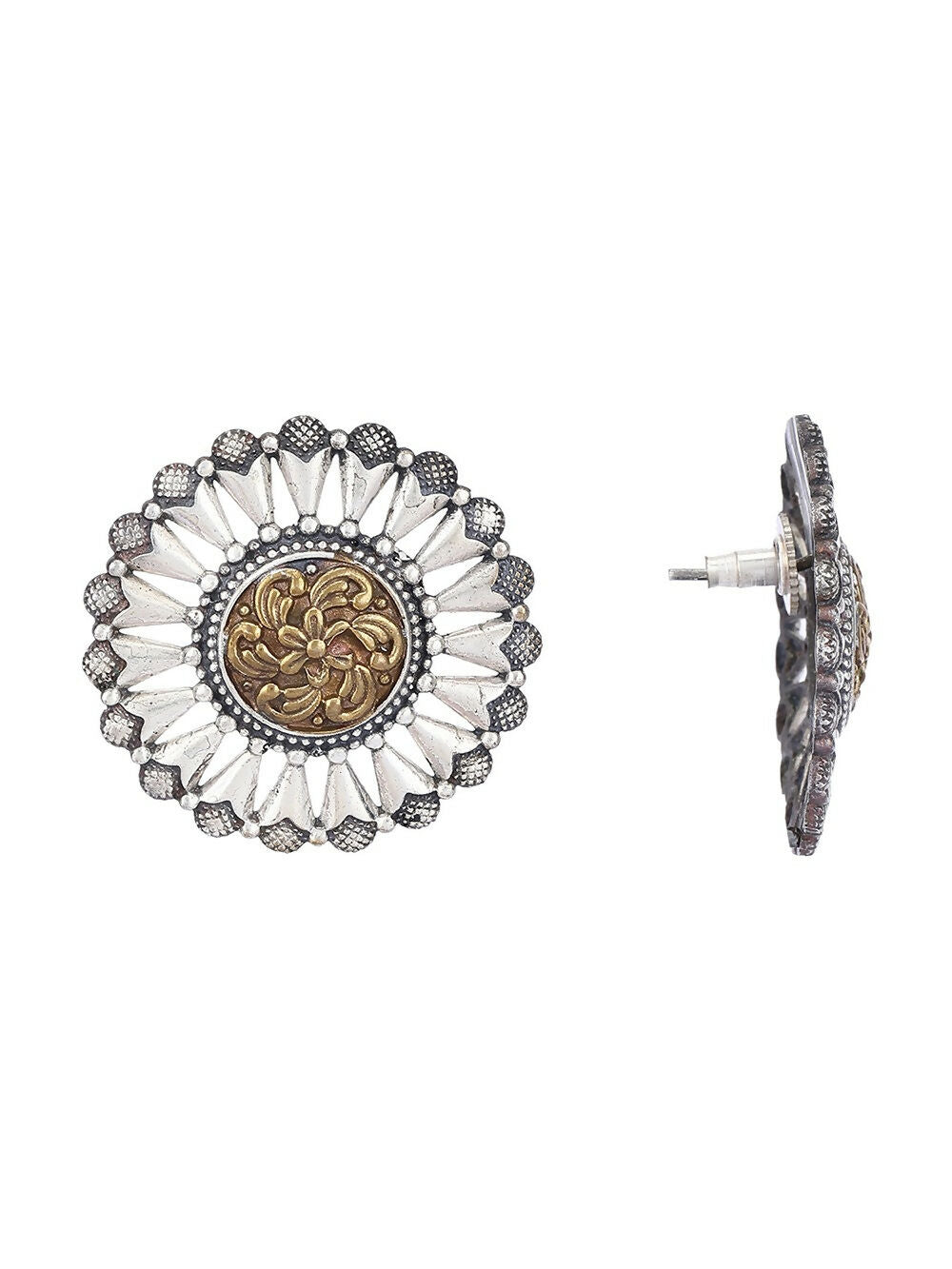 Dual Tone Brass Round Earrings with Intricate Stone Detailing