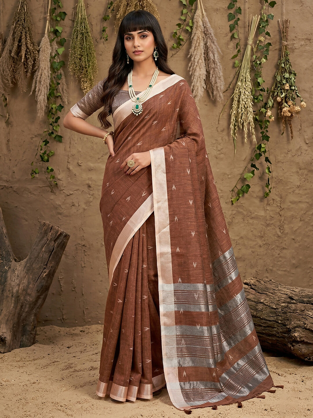 Classic brown linen cotton saree with matching blouse fabric