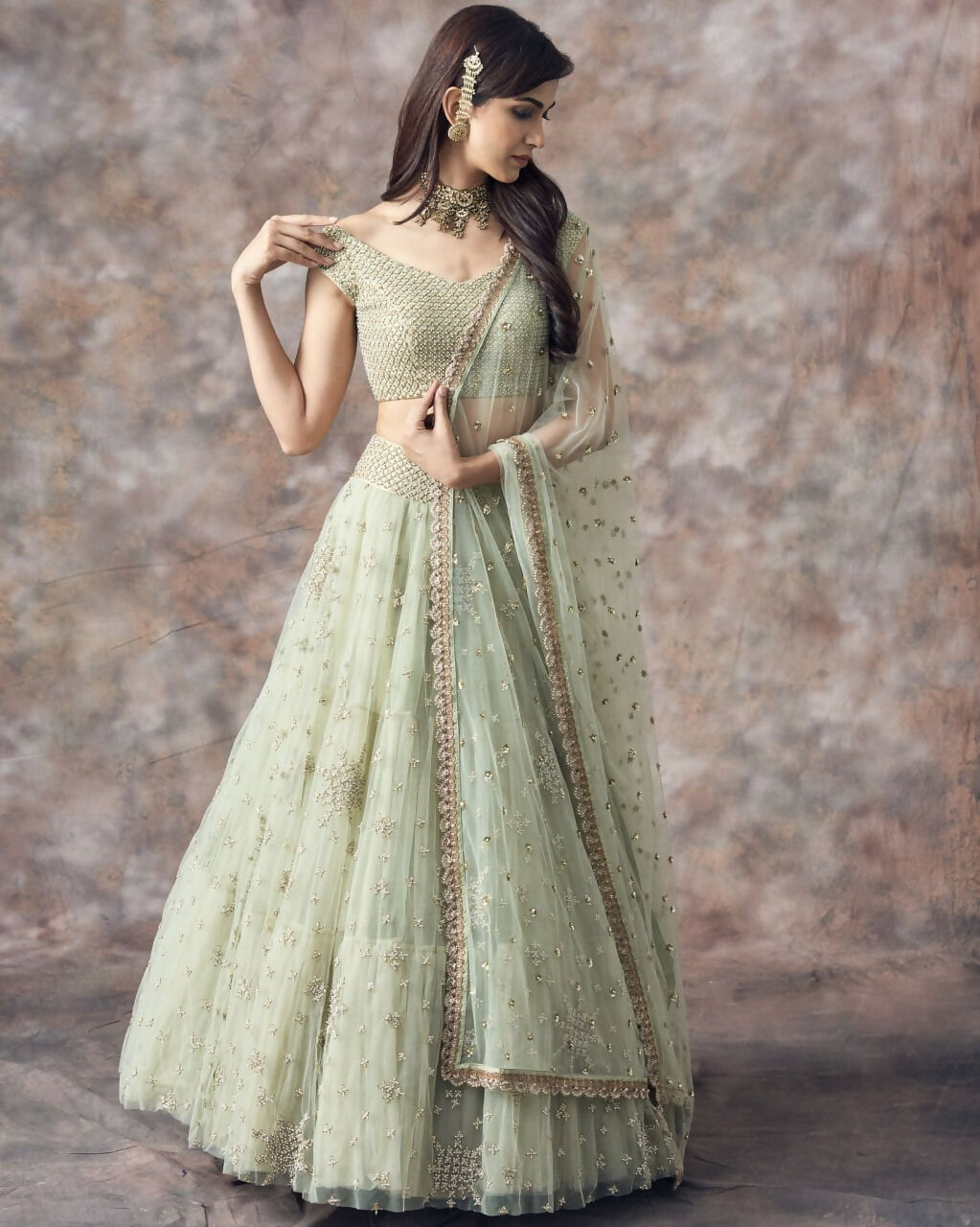 Aqua green net lehenga choli with 3MM sequin jari embroidery and dupatta