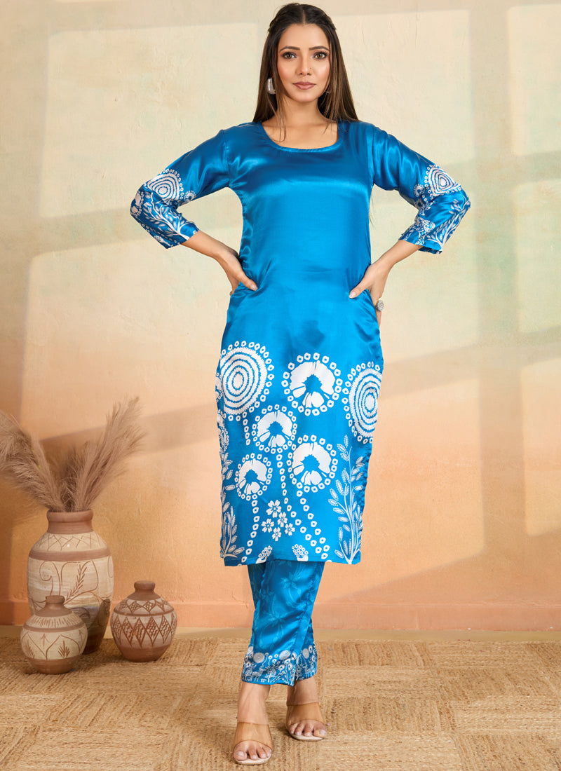 Sky blue printed cotton rayon kurta and pant set