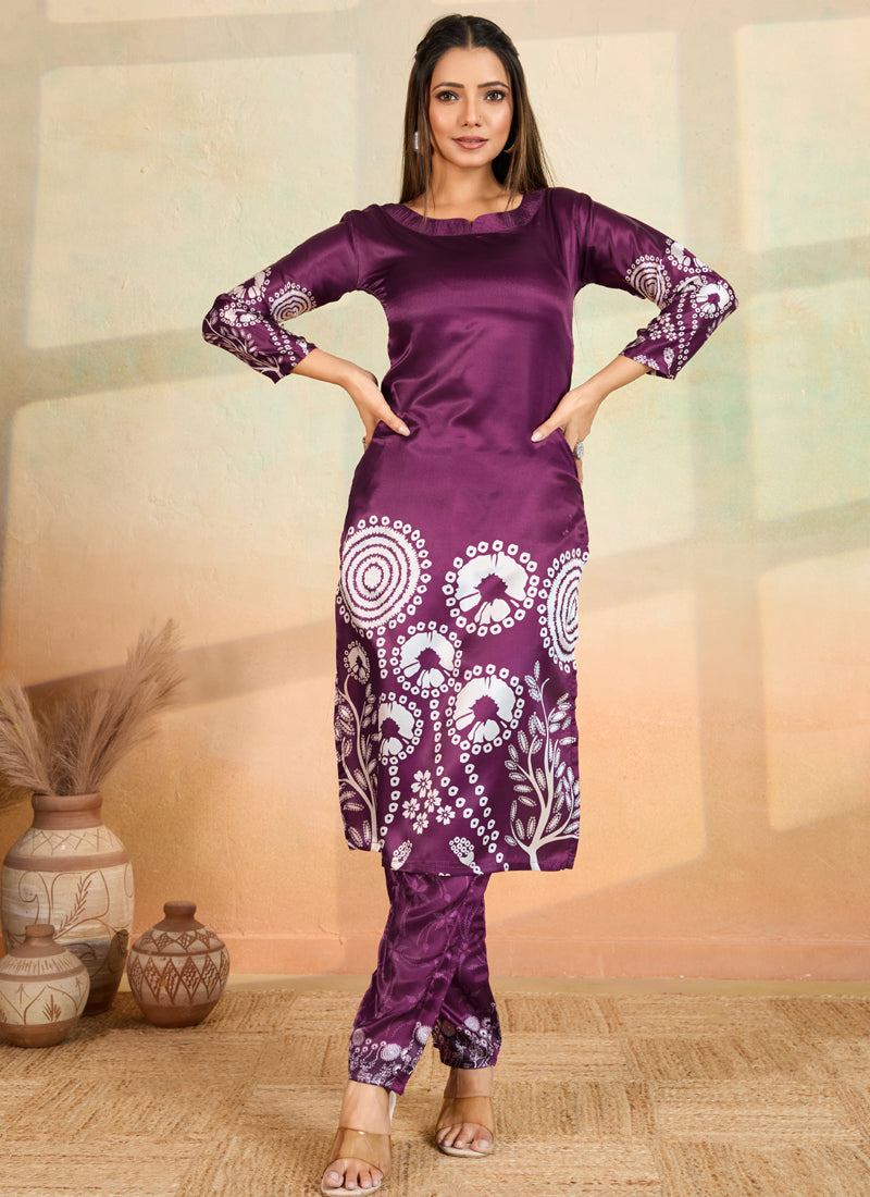 Purple printed cotton rayon kurta set with matching trousers