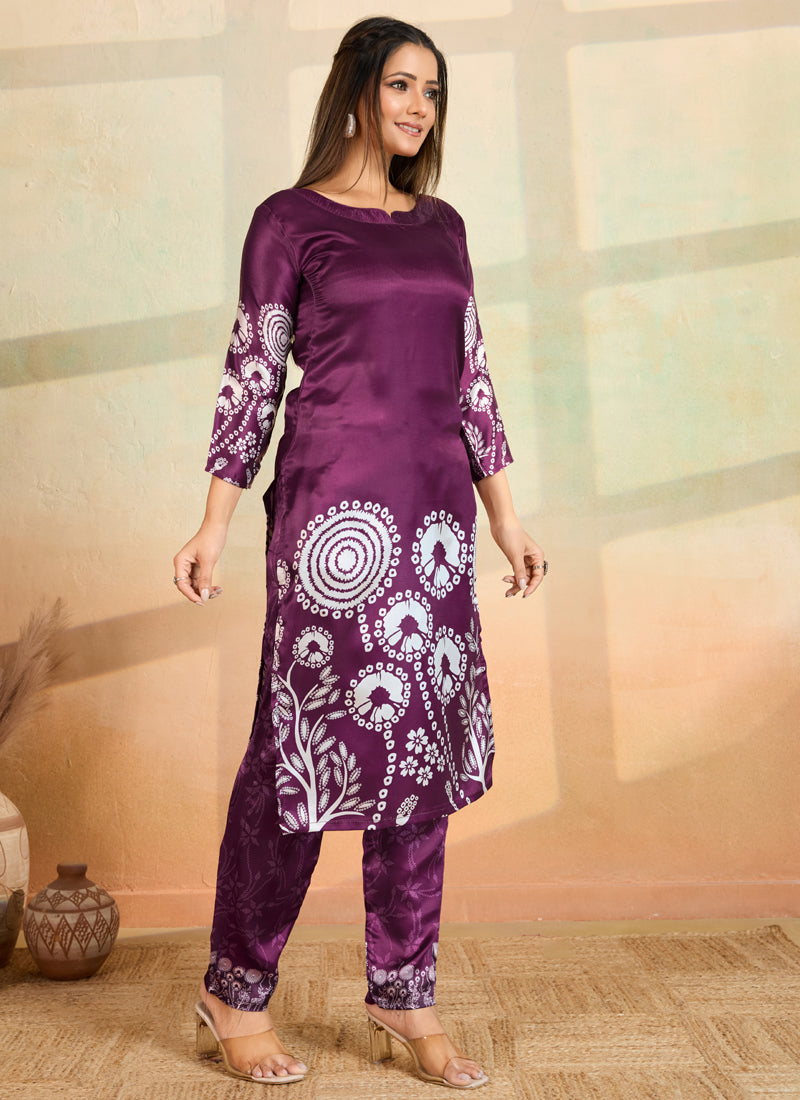 Purple Printed Cotton Rayon Kurta and Matching Pant Set