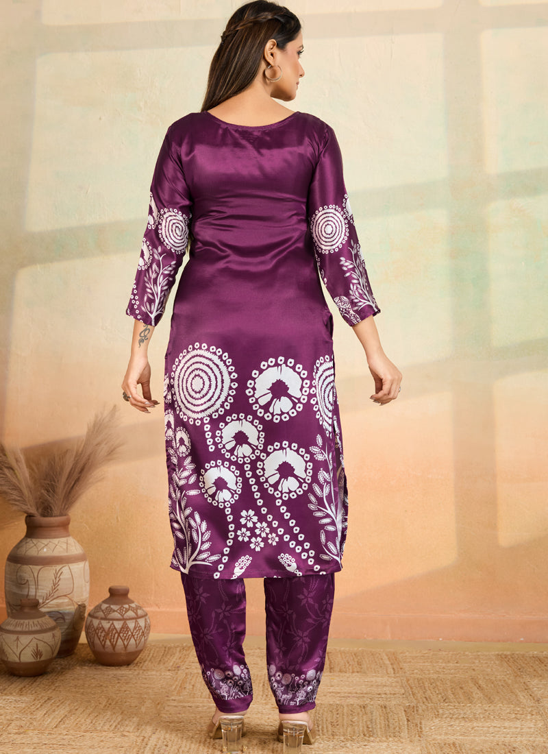 Purple Printed Cotton Rayon Kurta and Matching Pant Set
