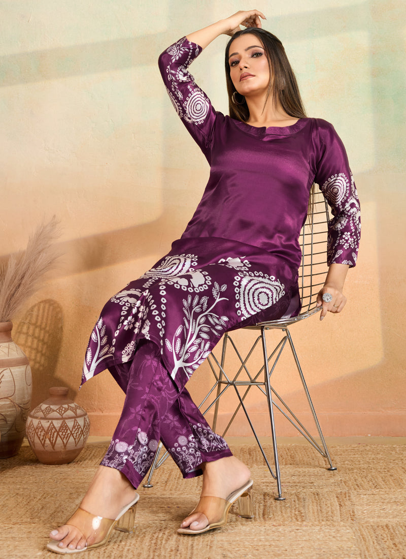 Purple Printed Cotton Rayon Kurta and Matching Pant Set