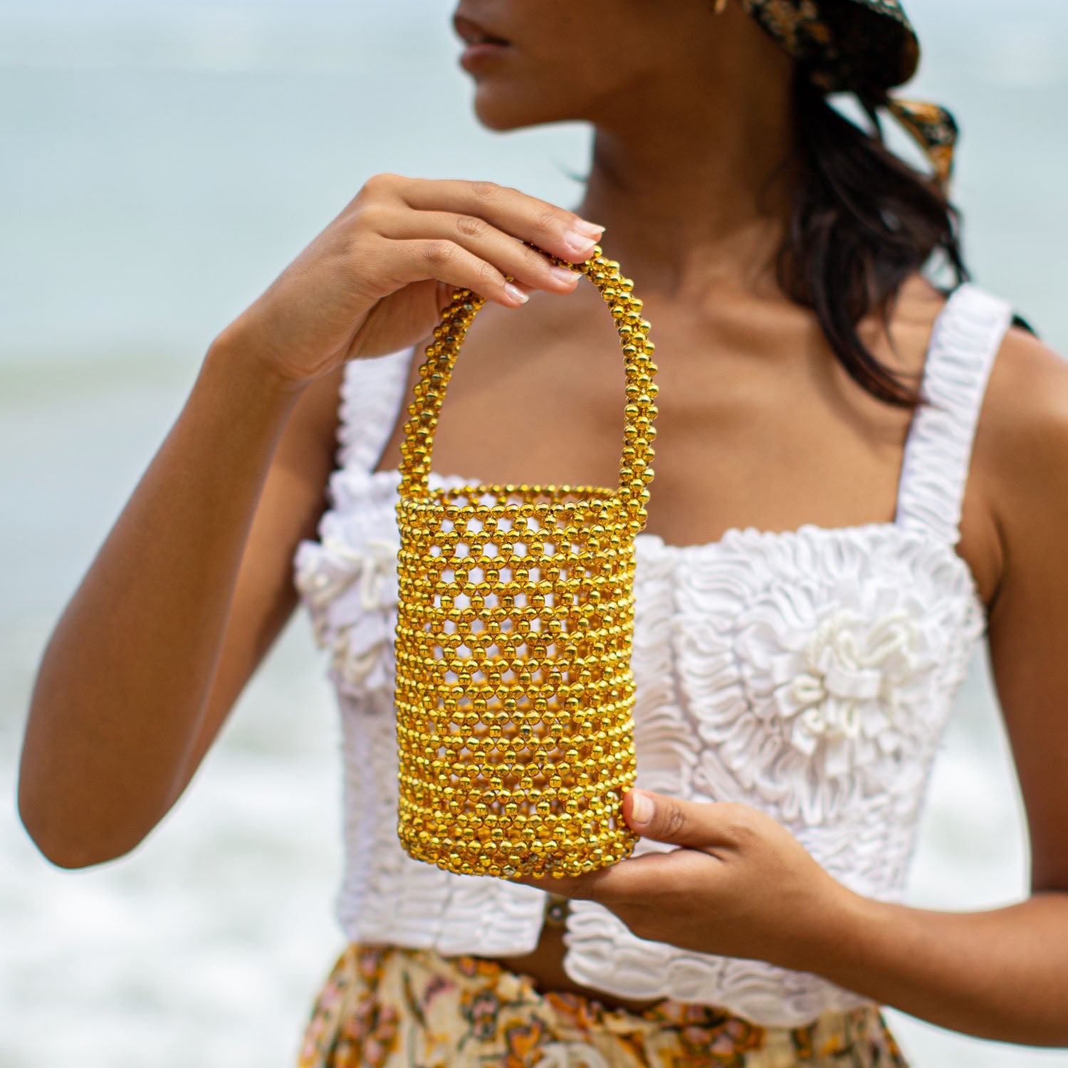 GOLDA Metallic Beads Bucket Bag In Gold
