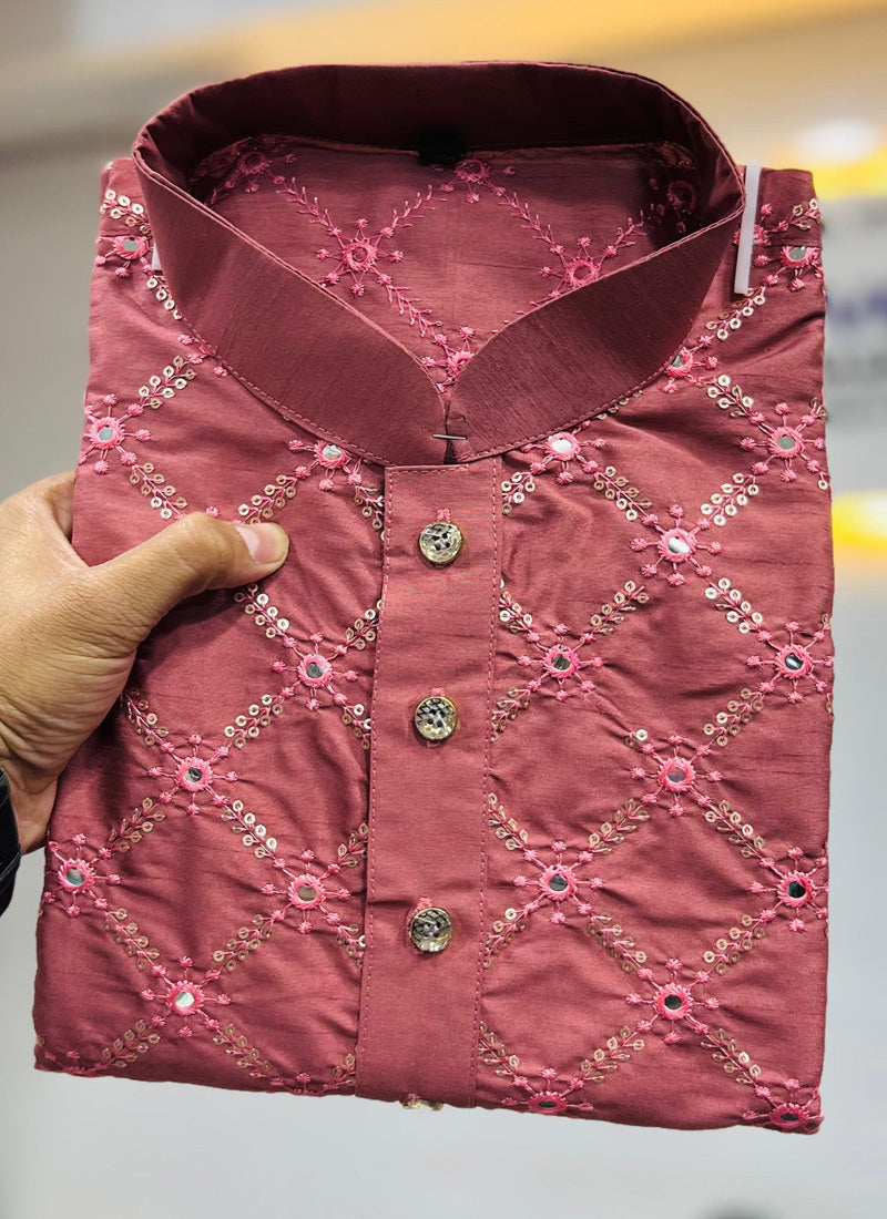 Onion Pink Silk Sequence Work Kurta and Pajama Set