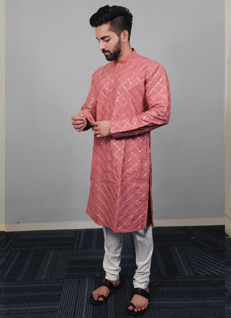 Onion pink silk kurta for boys with decorative sequence work